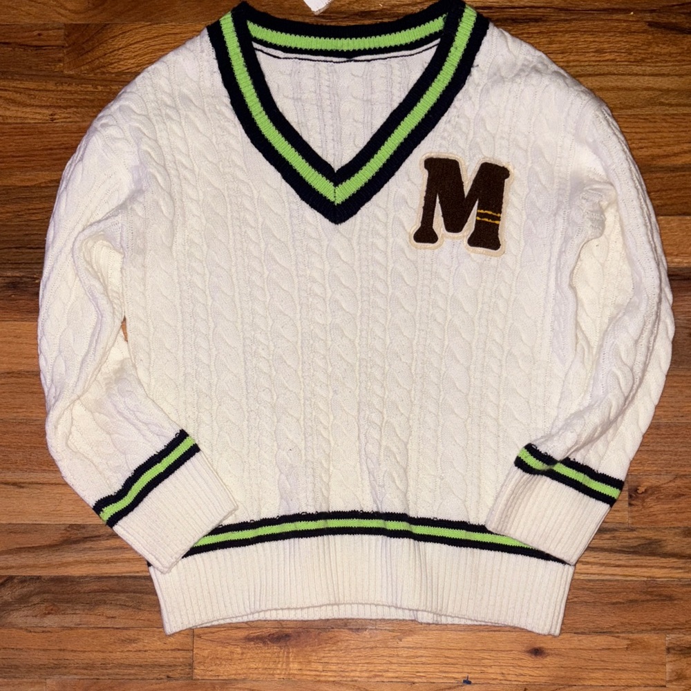 Back to Campus Varsity Letter sweater V neck preppy  sweater “M” cream#athletic